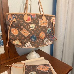 Brown Monogram Canvas Tote Bag Set with Patches